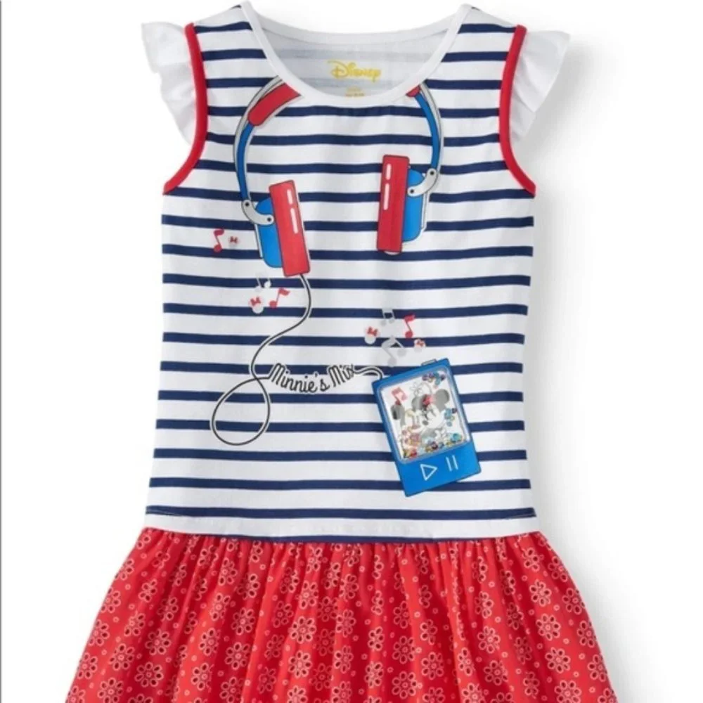 Disney Kids Girls Large 10 Minnie's Mix Music Red, White, Blue Eyelet Dress NWT